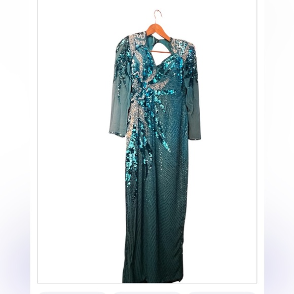 Demetrios Designs Turquoise 80s 90 Beaded Evening Gown Sz M Long Sleeve Cut Out - Picture 1 of 11